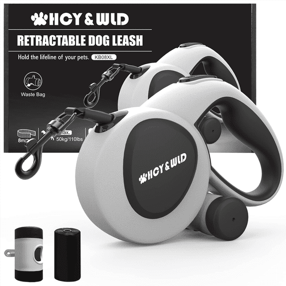 HCY&WLD Multifunctional Retractable Dog Leash with Dispenser & Poop Bags, 26 ft Durable Heavy Duty Dog Leash with Anti-Slip Handle for Dogs up to 110 lbs, 360° Tangle-Free, One Button Brake & Lock