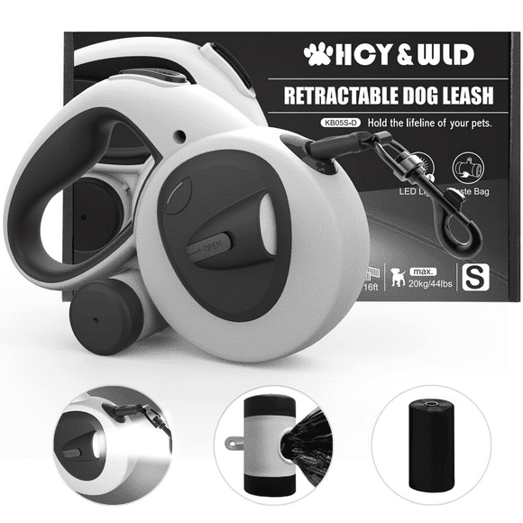 HCY&WLD Multifunctional Retractable Dog Leash with LED Light & Dispenser & Poop Bags, 16 ft Durable Dog Leash with Anti-Slip Handle for Dogs up to 44 lbs, 360° Tangle-Free, One Button Brake & Lock