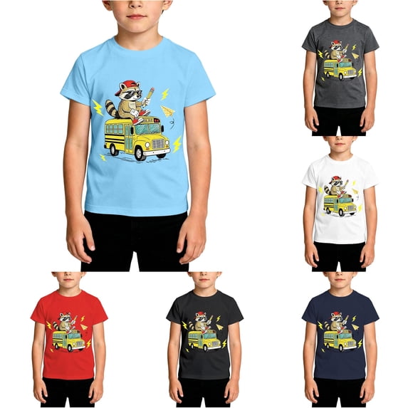 HCYSFG Boys Back To School Top Raccoon Riding Bus Graphic Crewneck Short Sleeve T Shirt First Day Pullover Tee