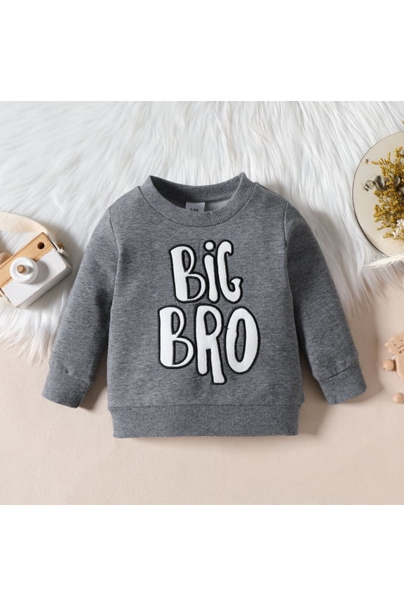 Boys Big Bro Letter Sweatshirt Casual Winter Fall Crewneck Long Sleeve Regular Fit Ribbed Cuffs Comfort School Everyday Wear