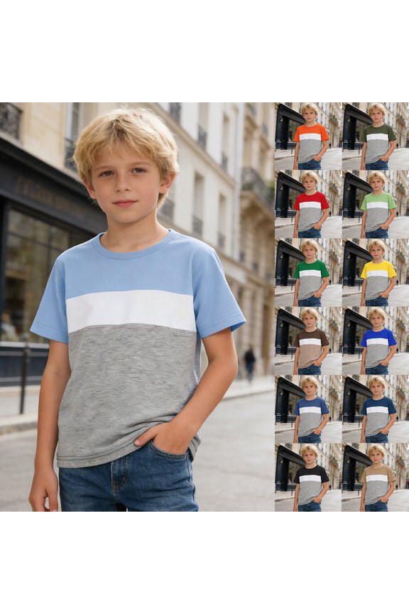 Boys Casual Crew Neck Short Sleeve Tops Color Block Patchwork Contrast Tone T-Shirts Basic Wear Tees 3-13y