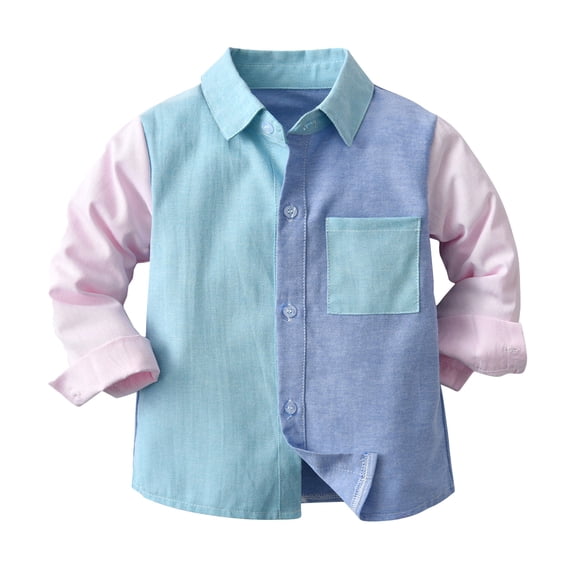 HCYSFG Boys Color Block Shirt Notch Neck Button Front Long Sleeve Chest Pocket Regular Fit Dress Top School Casual Tees