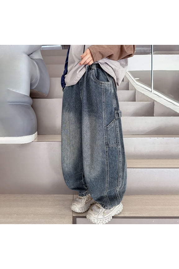 HCYSFG Boys Denim Jeans 2026 Stonewashed Finish Long Full Length Trousers Casual Loose Fit Multi Pockets Rugged Aesthetic Style Slacks Daily