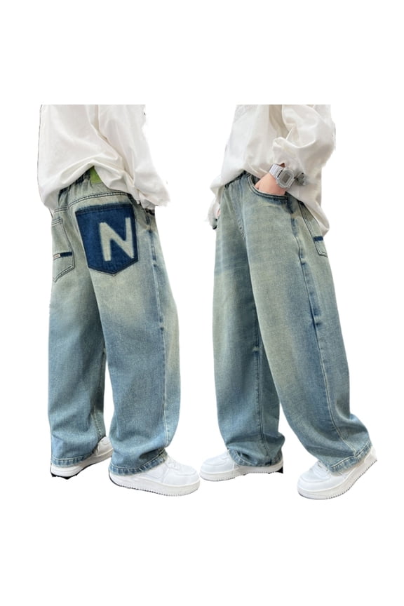 Boys Denim Jeans Classic Alphabet Graphic Print Washed Retro Pants Vintage Stylish Casual Trousers Everyday Durable Bottoms Wear