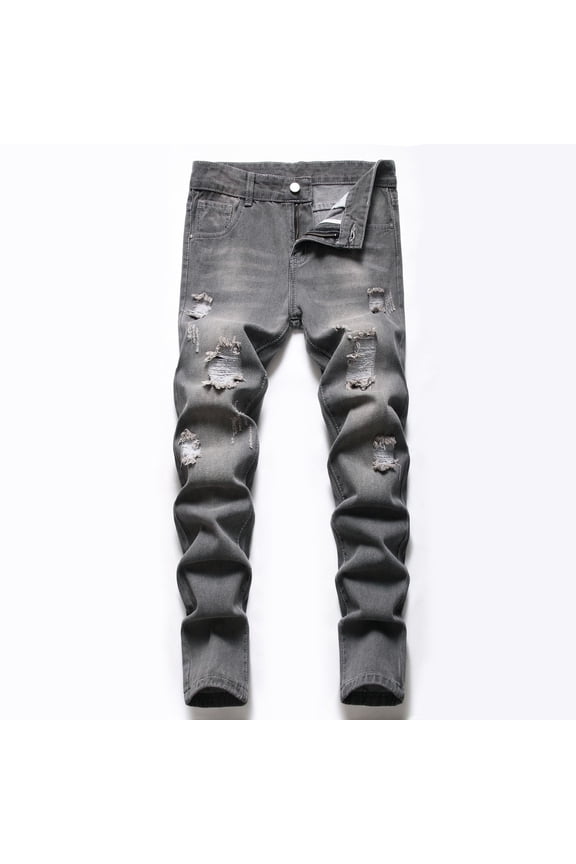 Boys Denim Jeans Ripped Raw Edge Long Full Length Trousers Casual Multi Pockets Unique Distressed Finish Trendy Slacks