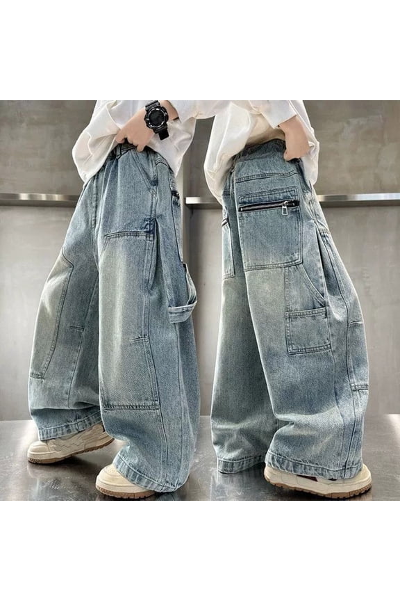 HCYSFG Boys Denim Jeans Ripped Yellow Tinted Long Full Length Trousers Straight Leg Multi Pockets Washed Vintage Fashionable Slacks Sizes 6-16