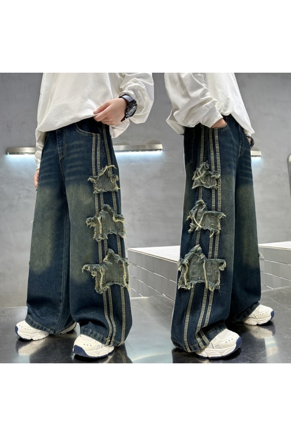 Boys Denim Jeans Washed Raw Hem Star Patterned Pants Straight Leg Casual Trousers Distressed Fashion Schoolwear Wear 4-12 Years