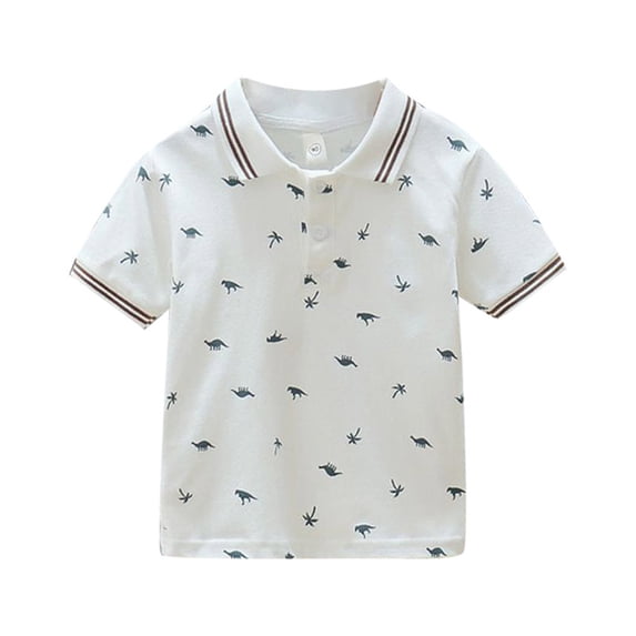 HCYSFG Boys Dinosaur Polo Tees Allover Animal Print Notch Neck Short Sleeve Striped Button Placket School Top Golf Shirt