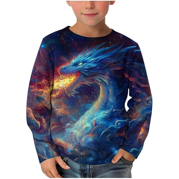 HCYSFG Boys Dragon Graphic T Shirts Crewneck Long Sleeve Fire Breathing Fantasy Print Relaxed Fit Graphic Tees Casual Tops