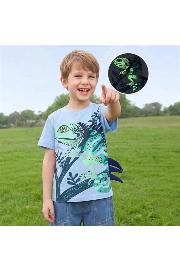 Boys Everyday T Shirt Crew Neck Short Sleeve Glow In Dark Lizard Print Cute Top Breathable Loose Fit Casual Tee Clothes Kids