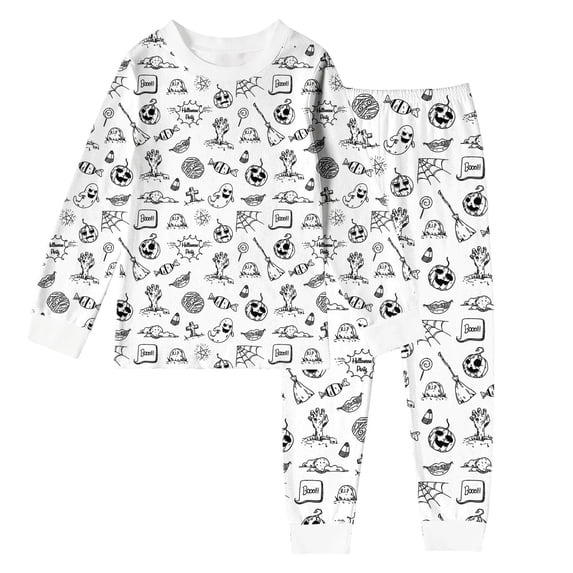 HCYSFG Boys Halloween Pajama Sets 2 Piece Ghost Pumpkin Print Crew Neck Long Sleeve Shirt Elastic Waist Pants Kids Lounge Outfit Sleepwear