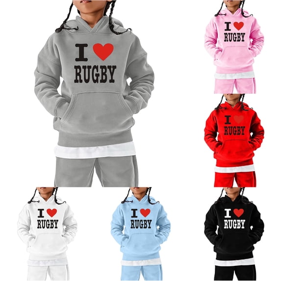 HCYSFG Boys I Love Rugby Hoodies Heart Graphic Kangaroo Pocket Long Sleeve Sweatshirt Regular Fit Sportswear Autumn Pullover Top