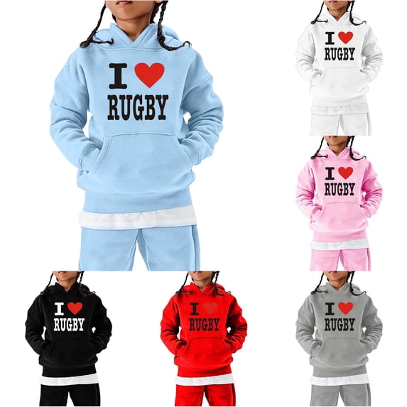 HCYSFG Boys I Love Rugby Hoodies Heart Graphic Kangaroo Pocket Long Sleeve Sweatshirt Regular Fit Sportswear Autumn Pullover Top