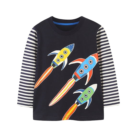 HCYSFG Boys Rocket T Shirts Space Graphic Crewneck Long Sleeve Striped Layered Look Playful Graphic Tees Everyday Casual Tops