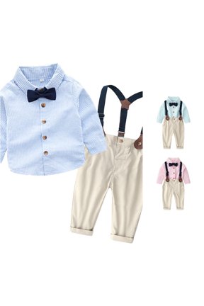Boys Striped Formal Outfit Sets 3 Piece Button Front Shirt Bow Tie Suspender Pants Collared Long Sleeve Dress Clothes Sets Hem Matching Sets