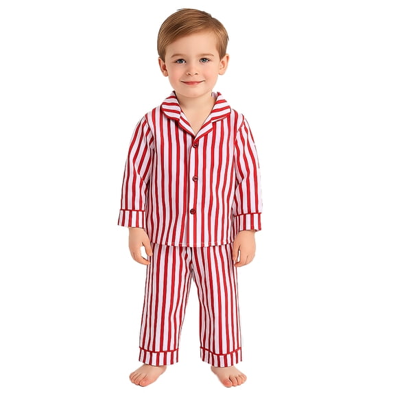 HCYSFG Boys Striped Pajama Sets 2 Piece Button Front Shirt And Pants Long Sleeve Notch Neck Lounge Set Contrast Piping Sleepwear Sets