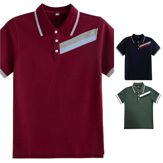 HCYSFG Boys Striped Polo Shirt Notch Neck Short Sleeve Three Button Placket Regular Fit School Uniform Top Preppy Golf Tees