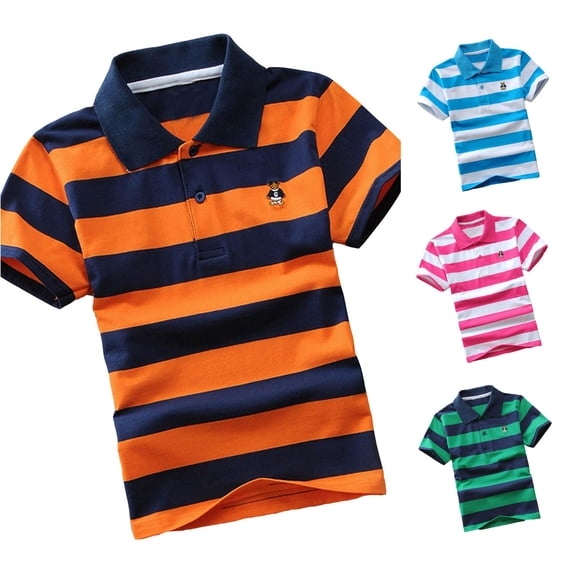 HCYSFG Boys Striped Polo Tees Notch Neck Short Sleeve Button Placket Classic Preppy School Tops School Uniform Casual Golf Tees