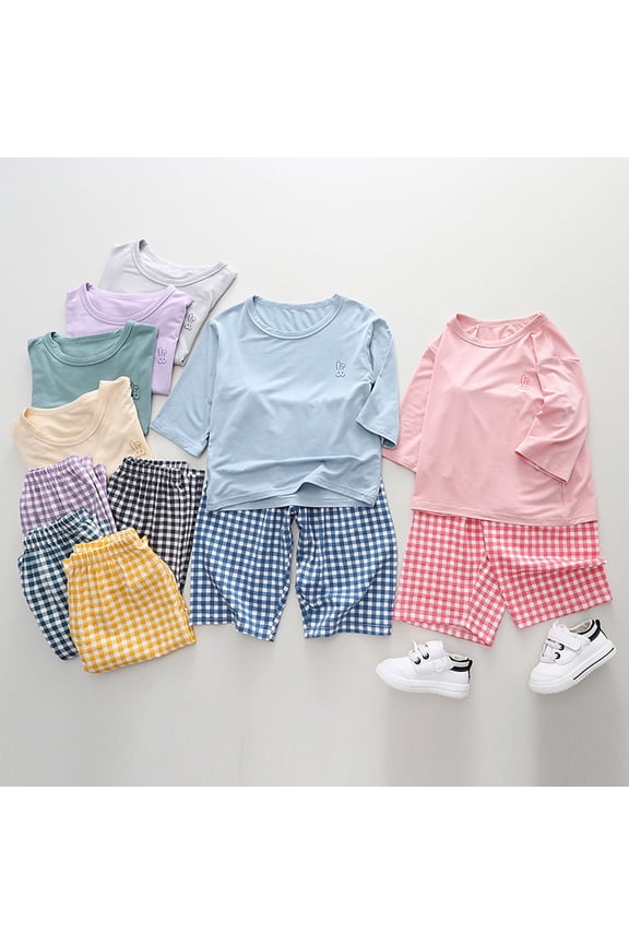 Boys Summer Clothes Set Crew Neck 3/4 Sleeve Long Pants Loungewear Set Thin Air Solid Color Conditioning Homewear 2 Piece Casual Outfit