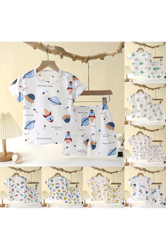 Boys Summer Clothes Set Space Print Crew Neck Short Sleeve Shorts Loungewear Set Thin Air Conditioning 2 Piece Outfit