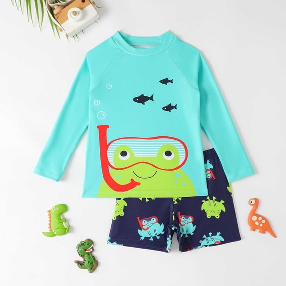 HCYSFG Boys Swimsuit Summer Split Long Sleeve Cartoon Frog Rash Guard Top Matching Board Shorts Protection Active Swimwear 2 Piece Swimwear Set Pack
