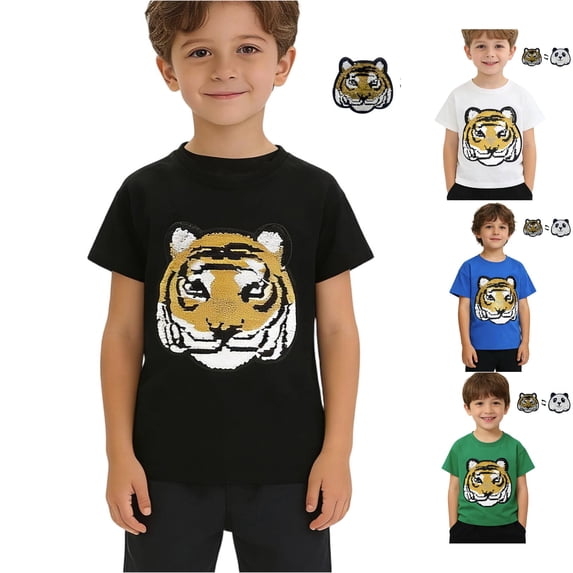 HCYSFG Boys T-Shirt Reversible Sequin Tiger Panda Graphic Top Crew Neck Short Sleeve Versatile Kids Shirt Wear