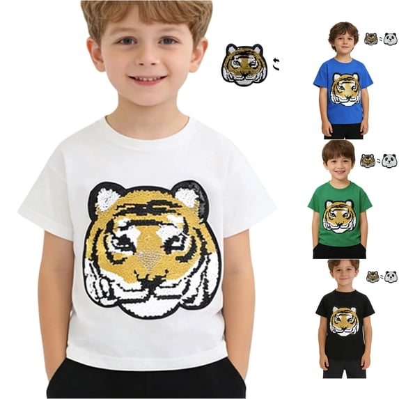 HCYSFG Boys T-Shirt Reversible Sequin Tiger Panda Graphic Top Crew Neck Short Sleeve Versatile Kids Shirt Wear