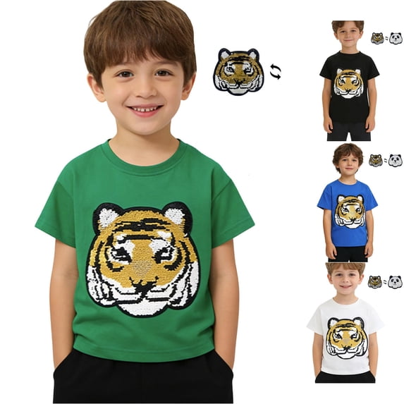 HCYSFG Boys T-Shirt Reversible Sequin Tiger Panda Graphic Top Crew Neck Short Sleeve Versatile Kids Shirt Wear