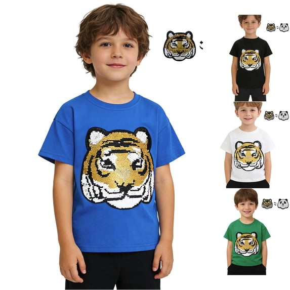 HCYSFG Boys T-Shirt Reversible Sequin Tiger Panda Graphic Top Crew Neck Short Sleeve Versatile Kids Shirt Wear