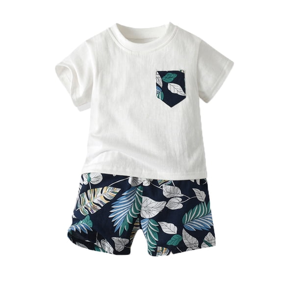 HCYSFG Boys Tropical Leaf Print Outfit Sets 2 Piece Short Sleeve Crewneck Clothing Sets Pocket T Shirt And Shorts Matching Sets