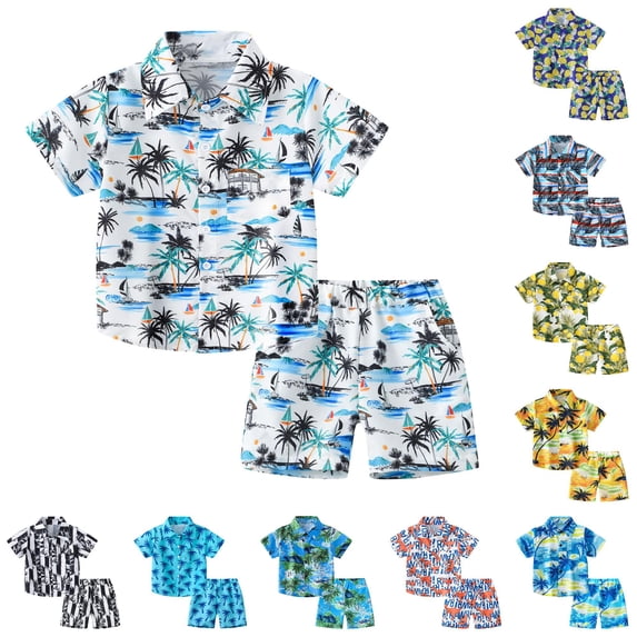 HCYSFG Boys Tropical Print Outfit Sets 2 Piece Button Front Shirt And Shorts Clothing Sets Collared Short Sleeve Matching Sets