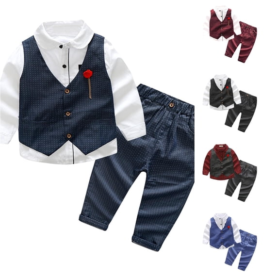 HCYSFG Boys Vest Formal Outfit Sets 3 Piece Collared Long Sleeve Button Front Shirt Button Vest And Pants Dress Clothes Sets Bow Detail Matching Sets