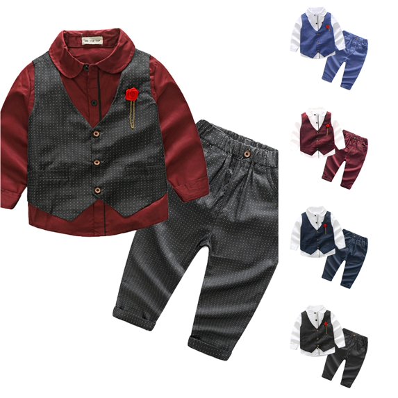 HCYSFG Boys Vest Formal Outfit Sets 3 Piece Collared Long Sleeve Button Front Shirt Button Vest And Pants Dress Clothes Sets Bow Detail Matching Sets