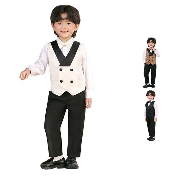 HCYSFG Boys Vest Formal Outfit Sets 4 Piece Collared Long Sleeve Dress Clothes Sets Dress Shirt Double Breasted Vest Bow Tie And Pants Matching Sets
