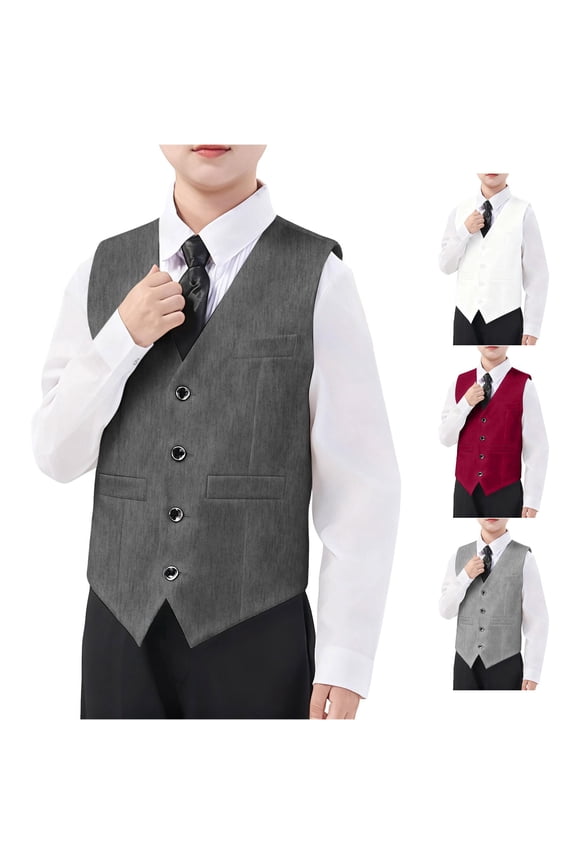 Boys Vest Formal Suit Gentleman Wedding Coat V Neck Sleeveless Solid Color Ring Bearer Stage Tuxedo Waistcoat Age 3-17