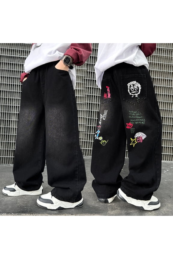 Boys Wide Leg Pants Graffiti Print Long Full Length Trousers Casual Straight Leg American Style Loose Fit Slacks Sizes 4-12Y