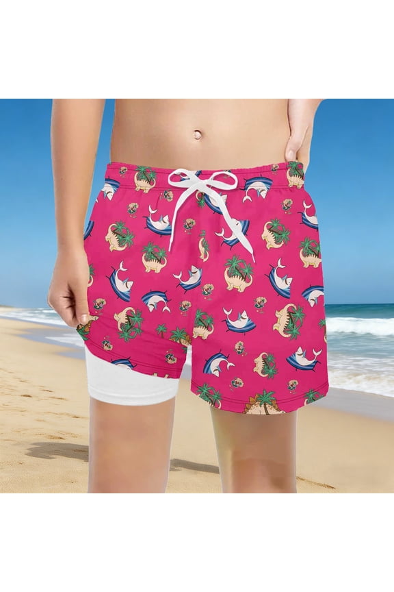 Boys swim trunks with compression liner Double Layer Shark Print Mesh Lining Drawstring Summer Beach Board Shorts Active Beachwear 5-16 Years