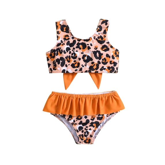 HCYSFG Cheetah Print Swimsuits For Girls Leopard Print 2 Piece Bikini Scoop Neck Bow Back Top Ruffle Bottoms Summer Beach Bathing Suit