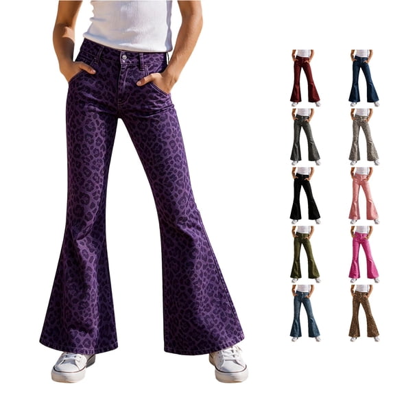 HCYSFG Cheetah Print Flare Jeans For Girls Leopard Print Denim Pants High Waisted Flare Leg Full Length With Pockets Bottoms