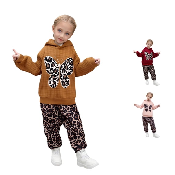 HCYSFG Cheetah Print Outfit Sets For Girls Leopard Print 2 Piece Tops Hooded Long Sleeve Butterfly Sweatshirt Jogger Pants Bottoms