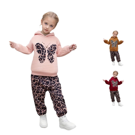 HCYSFG Cheetah Print Outfit Sets For Girls Leopard Print 2 Piece Tops Hooded Long Sleeve Butterfly Sweatshirt Jogger Pants Bottoms