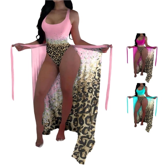 HCYSFG Cheetah Print Tankini Sets For Women Leopard Print 2 Piece Bathing Suits Scoop Neck Sleeveless Long Wrap Cover Up Swimwear