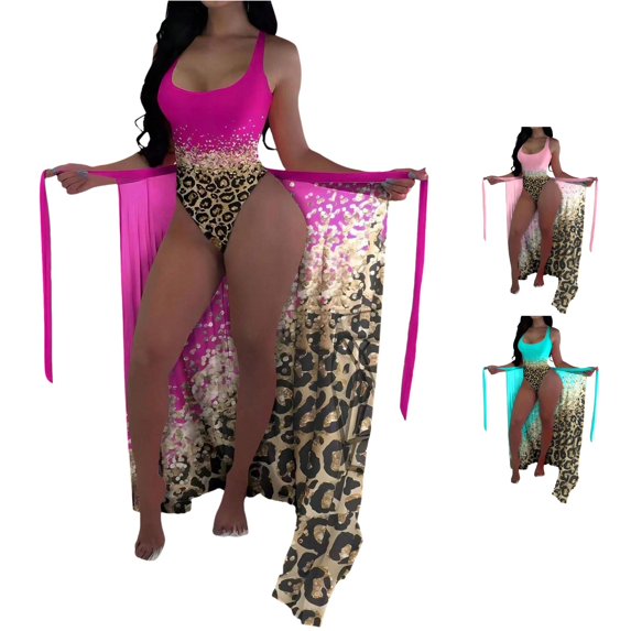 HCYSFG Cheetah Print Tankini Sets For Women Leopard Print 2 Piece Bathing Suits Scoop Neck Sleeveless Long Wrap Cover Up Swimwear