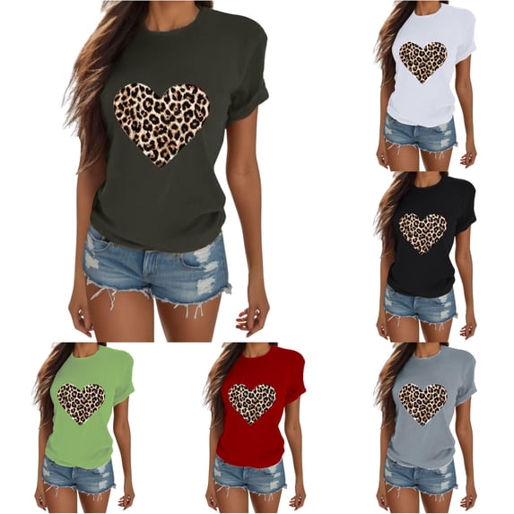 HCYSFG Cheetah Print Tops For Women Leopard Print T Shirts Crewneck Short Sleeve Heart Graphic Relaxed Fit Pullover Tees