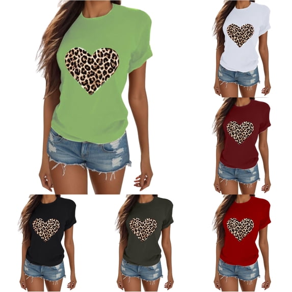HCYSFG Cheetah Print Tops For Women Leopard Print T Shirts Crewneck Short Sleeve Heart Graphic Relaxed Fit Pullover Tees