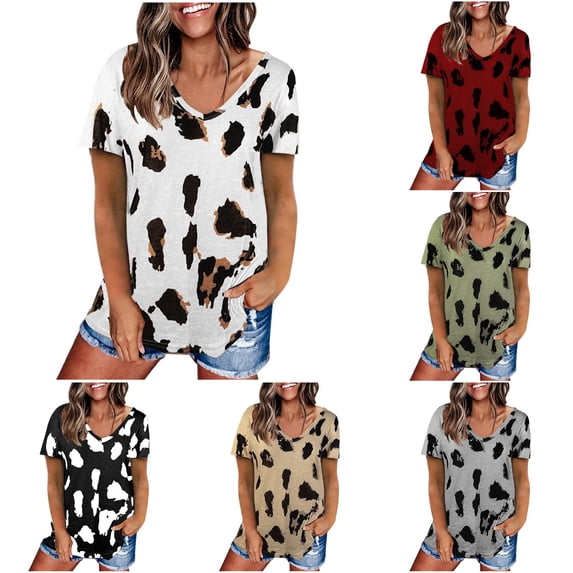 HCYSFG Cheetah Print Tops For Women Leopard Print T Shirts V Neck Short Sleeve Curved Hem Loose Fit Pullover Everyday Wear Tees