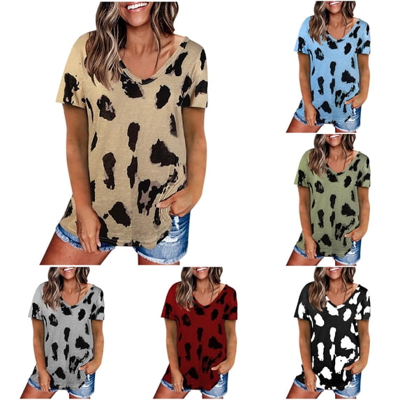 HCYSFG Cheetah Print Tops For Women Leopard Print T Shirts V Neck Short Sleeve Curved Hem Loose Fit Pullover Everyday Wear Tees