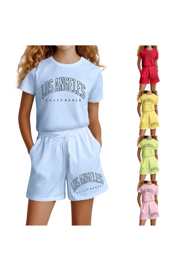 Girls 2 Piece Casual Outfits Typography Graphic Drop Shoulder Blouse Top Slouchy Pants Suit Crew Neck Kid Clothing Sets