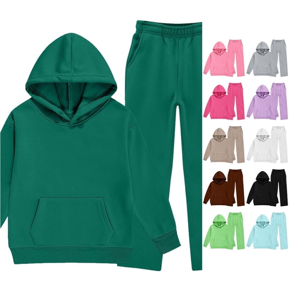 HCYSFG Girls 2 Piece Sweatsuit Set Pullover Hooded Long Sleeve Solid Color Outfit Set Wide Leg Elastic Waist Pants With Pockets Back To School Tracksuit Set