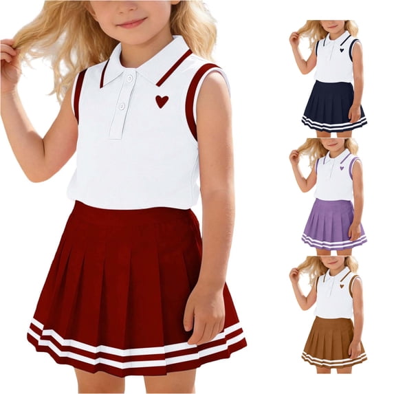 HCYSFG Girls 2 Piece Tennis Outfit Sets Summer Polo Sleeveless Top Pleated Skirt Suit Active Wear Turn Down Collar For 2-7Y